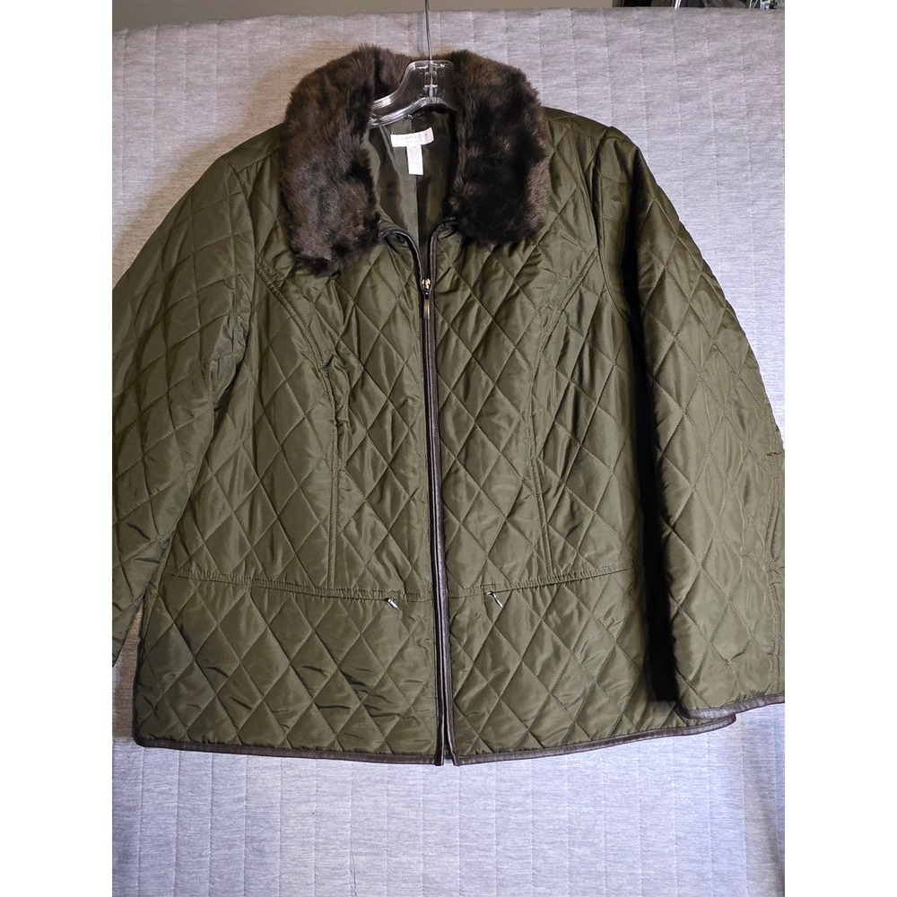 1419 Charter Club Woman Olive Green Quilted Jacket Faux Fur Collar 1X